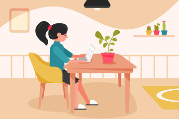 Freelance, quarantine, work, business concept. Young woman or girl freelancer dressed in domestic clothes working at home with laptop remotely. Online study and education during coronavirus lockdown.