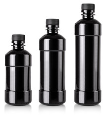 black plastic bottles  isolated white background  with clipping path