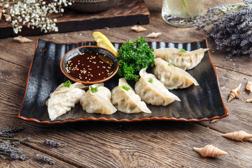 Japanese dumplings gedza sauce on the wooden table