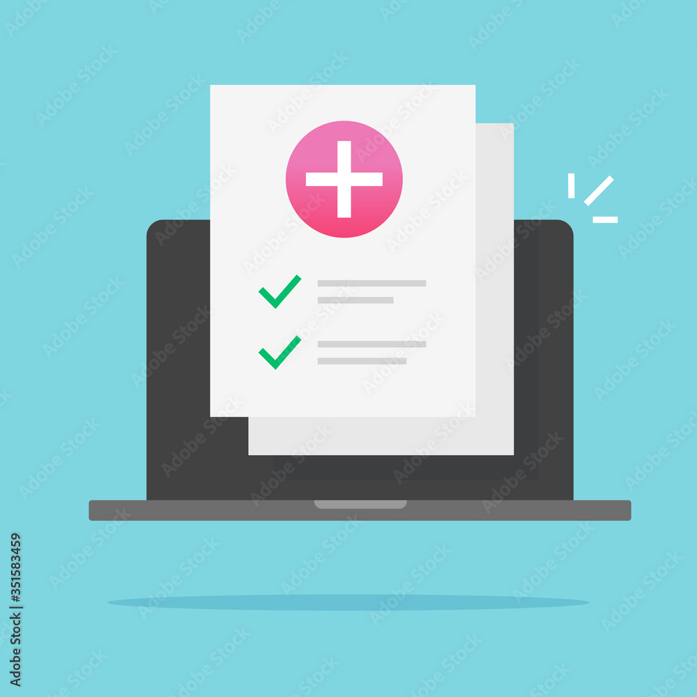 Poster medical document health check up list online on laptop computer or pc with internet digital paper sh