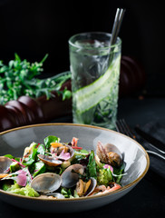 salad with mussels and shrimps served gourmet cuisine in a restaurant