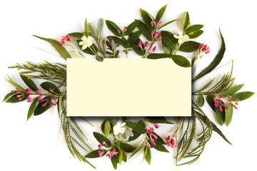 Celebration Happy Birthday, Mothers day card with fresh flowers and place for text. Flat lay, top...