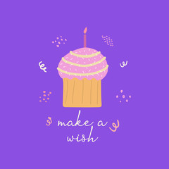First birthday card. Make a wish. Flat vector illustration on a purple background. Invitation to a birthday, celebration, party.