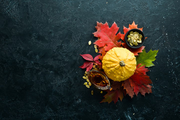Pumpkin oil and pumpkins. Autumn vegetables. flat lay. On a black stone background. Top view. Free...