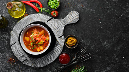 Veal Goulash. Vegetable soup with veal. Top view. Free space for your text.