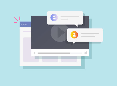 Online website video chat comments or webinar training tutorial discussion vector flat cartoon, illustration of video player window in internet web browser with speech bubbles modern design image