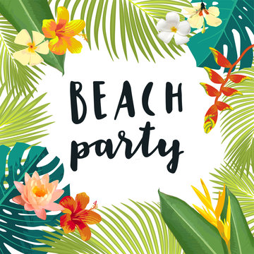 Hawaiian Beach Party calligraphy greeting card. Summertime postcard, poster with exotic tropical leaves, flowers. Bright jungle background. Bright lively colors