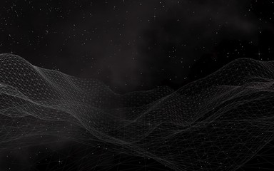 Black abstract background. Hi tech network. Cyberspace grid. Outer space. Starry outer space texture. 3D illustration