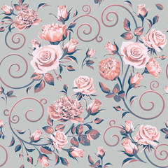 Seamless floral patterns with flowers - pink and blue roses on a gray background.