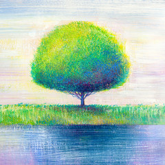 Lonely tree by the river. Original oil painting on canvas. Modern art.