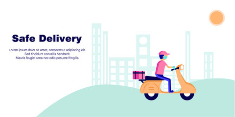 Delivery Courier rides in the city.  A guy on the moped. Worldwide Order and Shipping, Fast and Free Transport. Service for ordering food online. Fast food delivery. Courier services. Vector.