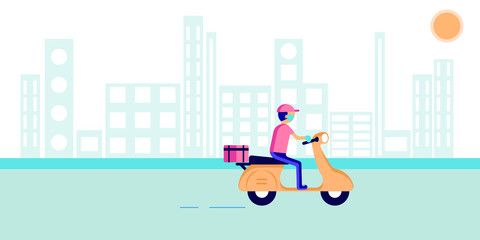 Delivery Courier rides in the city.  A guy on the moped. Worldwide Order and Shipping, Fast and Free Transport. Service for ordering food online. Fast food delivery. Courier services. Vector.