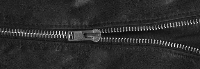 Zipper on black leather jacket
