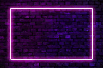Neon brick wall background and texture with glowing fluorescent neon frame.