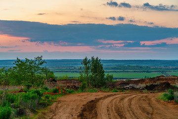Summer landscape with field and country road at sunset background.