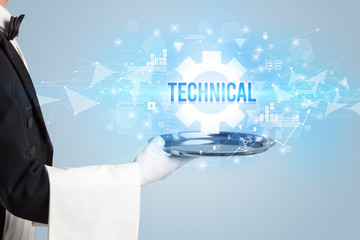 Waiter serving new technology concept with TECHNICAL inscription