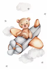 Fotobehang Watercolor teddy bear in grey airplane  hand draw illustration  can be used for kid poster or card  with white isolated background © Нина Новикова