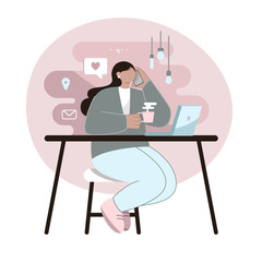 Vector illustration for web design. Freelancer is sitting at the computer. Works from home. Work in the office. Designer, programmer, writer, illustrator. Stylized cartoon characters.