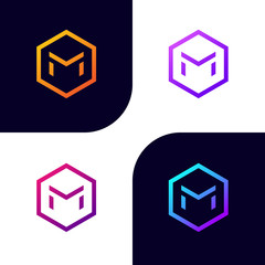 M logo design letter template, M font icon monogram polygon shape elements,