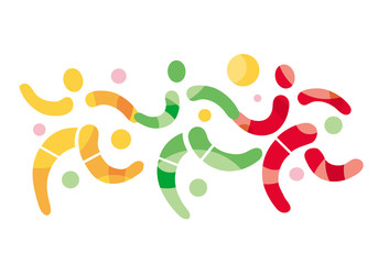 

Happy running friends holding hands.Decorative stylized illustration of three running people.Symbol of happiness and friendship. Isolated on white background. Vector available.