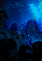 The depth of the sea water, the ocean floor, the rays of the sun through the water, the underwater world, the sea scene.