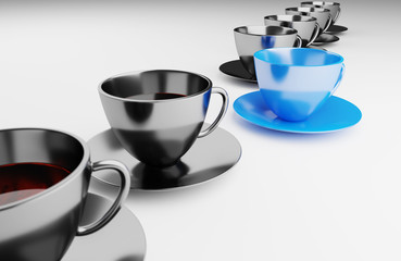 Black cup coffee with blue cup coffee in a row 3d render wallpaper background