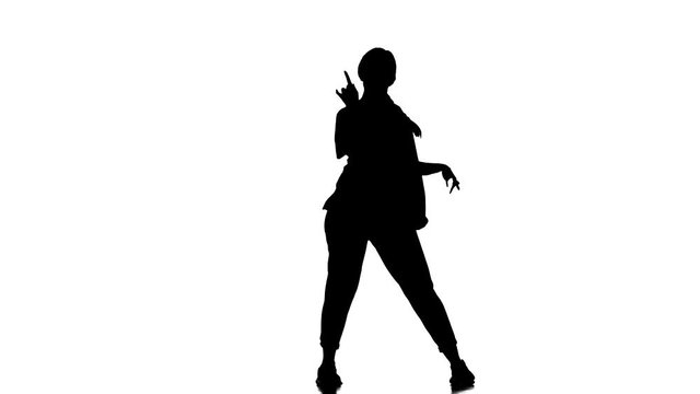 black silhouette on a white background, young beautiful girl dancer dancing hiphop, contemporary, modern street dance