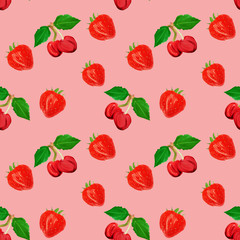 gouache seamless pattern with fruits and berries cherry and strawberry on a pink background, vegetarian pattern for diet, healthy eating. Use as restaurant menu, packaging, product design,textile