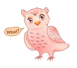 Cute owl in confusion. Funny cartoon emoji or smiley in a children's style