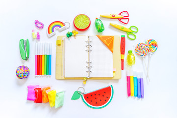 Planner mockup and Stationary. Bright trend colors rainbow. Fruit summer tropics.