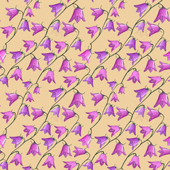 seamless pattern with bellflowers campanula flowers on light beige background. Floral background in gouache. Holidays presents and gifts wrapping paper For textiles,packaging,fabric,wallpaper