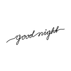 Good night lettering calligraphy text, continuous line drawing, handwritten lettering, posters, print, single line on a white background, isolated vector line art.