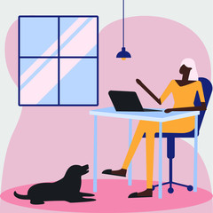 Woman Working at Home Office with dog. Flat Vector Illustration. Stay at home. concept. 
quarantine