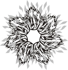 Ornate frame created from bald eagle head. Abstract flaming frame in black and white tones like a flower formed by eagle heads isolated on white for your design