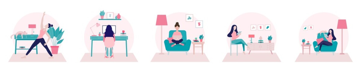 Stay home concept.Girl doing yoga,working from at home office and surfing on internet using tablet.Self isolation, quarantine due to Coronavirus. Set of flat vector illustration of home activities.