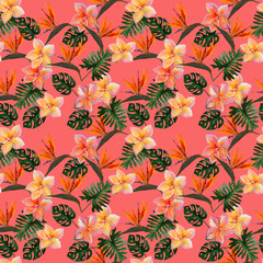 Seamless tropical pattern with plumeria and strelitzia with leaves on coral background. Seamless pattern with colorful leaves of colocasia, filodendron, monstera. Exotic wallpaper. Hawaiian style © Olena