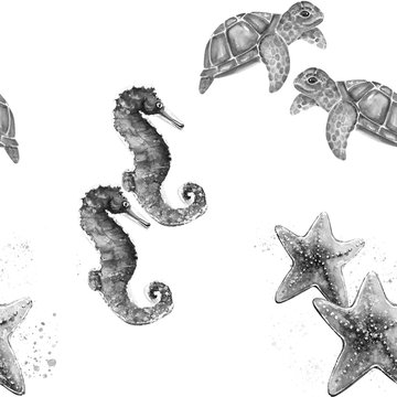 Aquarelle painting of turtle, sea star, seahorse sketch art pattern illustration
