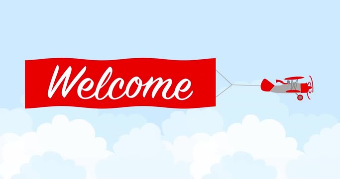 Banner welcome, animation, cartoon of flying biplane.