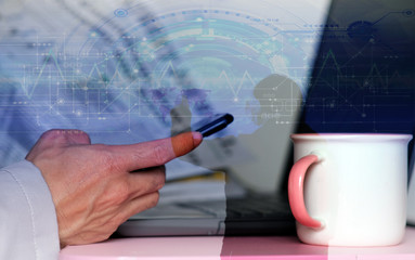 Double exposure, businessman and technology background