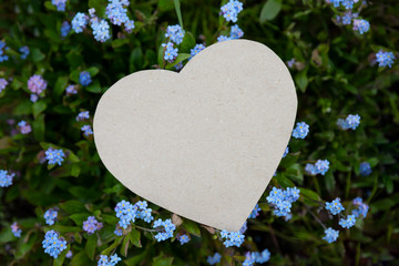 A heart of paper on flowers (forget-me-nots) as a symbol of love