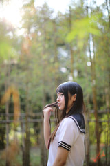 Portrait of beautiful Asian japanese high school girl uniform looking with bamboo forest background