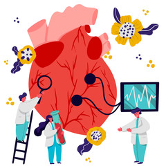 Human Heart. Cardiology concept. Doctors. Cardiology diagnostics. Cartoon Doctor People Vector Illustration.