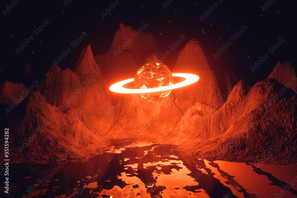 Poster modern futuristic neon abstract background. planet and ring in the center. reflection of light on a 