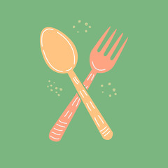 Vector flat cartoon illustration of a fork and spoon. Kitchen tools, utensils and kitchen accessories on a dark green background.