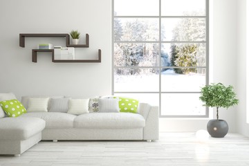 White living room with sofa and winter landscape in window. Scandinavian interior design. 3D illustration