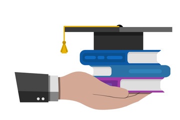 Obraz premium Hand hold book stack and square academic cap isolated on white. Education flat concept. Stock vector illustration.