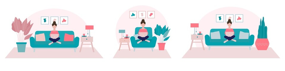 Stay home concept.Set of girl sitting on a sofa and working from home flat vector illustrations.Self isolation, quarantine due to Coronavirus. Freelance or studying concept.