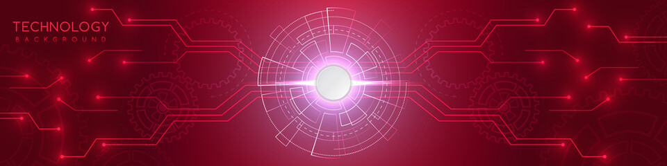 Red technology background with various technological elements. The concept of innovative high-tech communications. Digital technology and engineering.