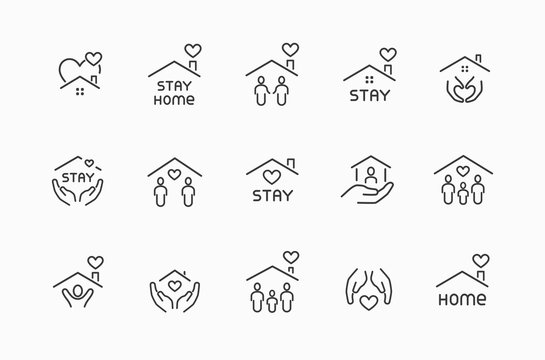 Stay home icons isolated on white background. Vector hand holding house with heart symbol. Care and safe or quarantine signs
