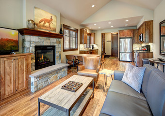Living room interior with stone fireplace and vaulted ceiling. Cozy new luxury place. 